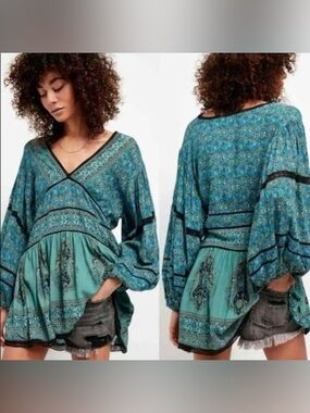 Free People Luna Scarf Print Tunic Ocean Combo Boho Top Festival Summer XS